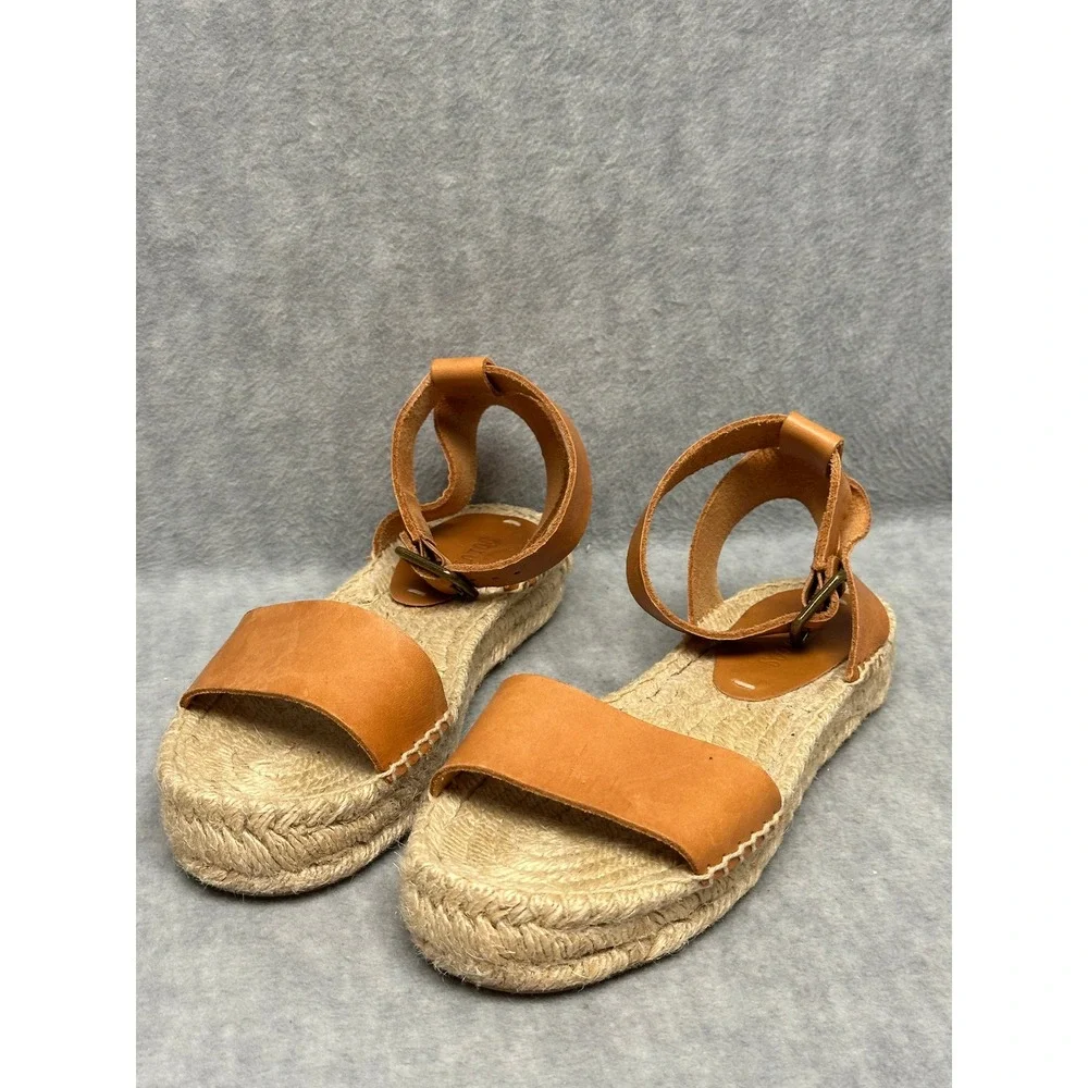 Soludos Espadrille Sandals‎ Tan Leather Ankle Strap Platform Jute Womens 5